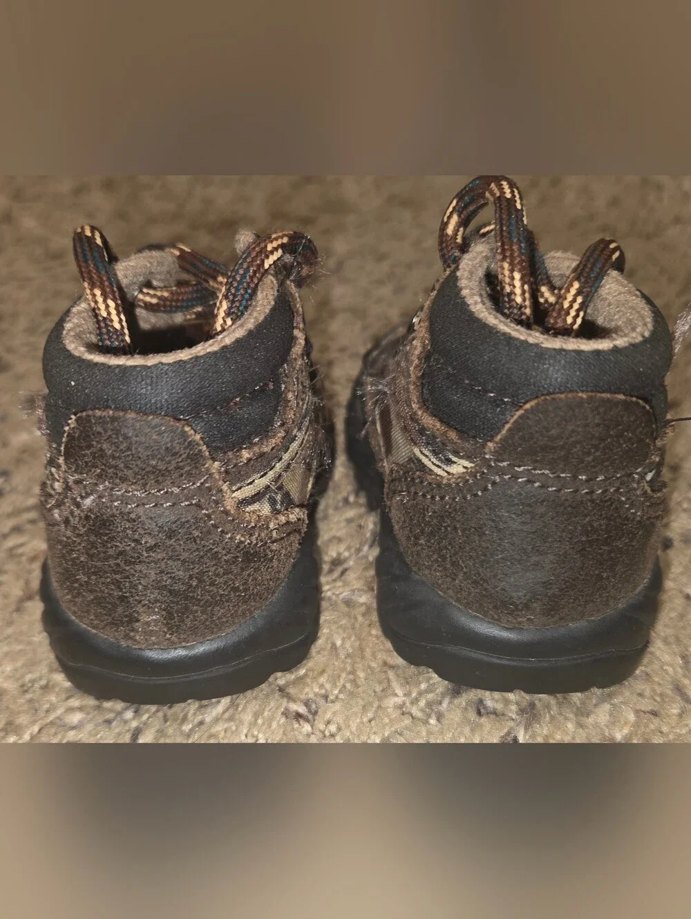 EUC Faded Glory Brown and Black Camo Baby Walker Boots Shoes Size 1
